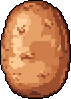 This pixel art image features a humble potato, rendered in earthy browns and beiges against a stark black background. The focus is entirely on the spud, with subtle details suggesting its textured surface.