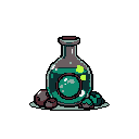 A pixel art bottle filled with luminous green liquid rests on dark stones, its vibrant color contrasting against the void-like background. The potion-like elixir evokes a sense of mystery and focused purpose.