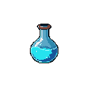 A pixel art potion bottle glows with vibrant blue liquid, hinting at magical properties or hidden power. The simple, isolated design emphasizes its importance and invites mystery.