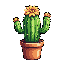 A cheerful, flowering Saguaro cactus in a terra cotta pot pops against a stark black background, its golden-yellow blooms adding a touch of vibrant warmth to the minimalist, pixelated scene. The plant's welcoming "arms" and detailed textures create a nostalgic, game-like aesthetic.
