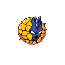 A stern, blue-skinned character with angular features is encased within a golden, honeycomb-like sphere. The pixel art evokes a mysterious and slightly aggressive vibe, highlighting the contrast between the character's fierce expression and the protective/restraining sphere.