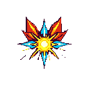 A vibrant pixel art explosion bursts forth in fiery oranges and icy blues, creating a dynamic display of contrasting energies against a stark black backdrop. The centered composition emphasizes the sudden and powerful release of energy from the bright yellow core.