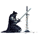 A heavily armored warrior kneels in sorrow, clutching his sword while another, impaled in the ground, seems to dissolve into light. The somber scene evokes loss and the end of a hard-fought battle.