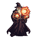 A lone pixel art wizard, cloaked in shadow, casts a potent spell, conjuring fiery orbs in a display of intense magical energy.