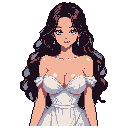 This pixel art portrait showcases a young woman in a white dress, possibly a wedding gown, against a black background. Her long, flowing brown hair and delicate features are rendered with impressive detail, conveying an elegant and serene beauty.