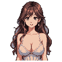 This pixel art portrait features a young woman with flowing brown hair and a warm smile, her gentle expression and delicate details creating a serene and inviting image against a stark black background. Subtle blue accents in her hair and clothing add a touch of elegance to her classic, nostalgic aesthetic.