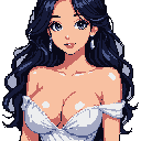 This pixel art portrait captures a graceful anime-style woman with flowing dark hair, a gentle smile, and elegant attire. The image focuses on her captivating gaze and delicate features, creating a charming and nostalgic yet contemporary feel.