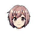This pixel art showcases a cute, anime-style girl with a gentle smile and bright eyes. Her short, brown bob and peachy skin tones create a warm, approachable aesthetic. The focus is solely on her face, evoking a sense of innocence and charm.