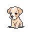 This pixel art piece features a charming, light-colored puppy sitting with a gentle gaze, rendered in warm, earthy tones. Its slightly melancholic posture and simple design evoke a feeling of tenderness.