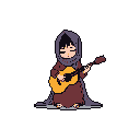 A cloaked figure sits in quiet contemplation, lost in the music of their golden guitar. The pixel art evokes a serene and introspective mood with its muted colors and isolated subject against a stark void.