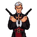 A stern, gun-wielding figure with striking white hair and a golden cross necklace stares intensely, arms crossed, against a stark black background. The pixel art style adds a retro feel to this ominous and authoritative character.