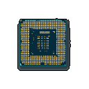This pixel art image showcases a detailed, isometric view of a CPU, its golden pin grid array contrasting with the intricate dark blue die. The design evokes a sense of technological complexity and a hint of retro computing nostalgia.