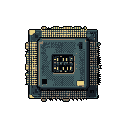 This pixel art image showcases a detailed CPU, rendered in cool blues and greens with warm gold accents. The intricate design and technical focus evoke a retro-futuristic feel, highlighting the beauty of complex machinery.