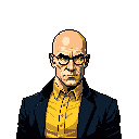This pixel art portrait features a serious-looking, bald man in a suit and glasses. The minimalist style and neutral expression evoke a retro, professional vibe.