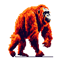 This pixel art showcases a walking orangutan with a neutral expression, rendered in warm orange and brown tones. The image captures the primate's primal and naturalistic presence through detailed pixel work.
