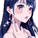 This pixel art portrait captures a beautiful anime-style woman with striking blue hair and delicate pink skin, her hand gracefully touching her neck. Intricate details like star earrings and butterfly-inspired skin art enhance her ethereal and elegant presence.