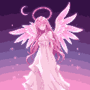 This pixel art depicts a serene, angelic figure with bright pink wings and a halo, gracefully descending amidst a celestial backdrop of purples and pinks. Her demure gaze and flowing gown evoke a sense of ethereal beauty and peaceful divinity.