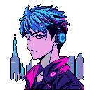 This pixel art portrait features a stylish character with vibrant blue-pink hair and headphones, set against a silhouetted cityscape. The image evokes a futuristic, cyberpunk vibe with its electric color palette and urban setting.