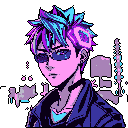 This pixel art portrait features a cool, stylized male character with spiky highlighted hair and dark sunglasses. He's dressed in a dark jacket, projecting a modern, slightly edgy cyberpunk vibe.