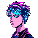 This pixel art portrait features a striking, androgenous character with vibrant blue hair and glowing cybernetic eyes. Clad in a black jacket, the subject exudes a futuristic, cyberpunk vibe with an edgy and intriguing presence.