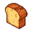 This pixel art showcases a rustic loaf of bread, sliced to reveal its soft, yellow interior. Rendered in warm browns and yellows, the image evokes a charming, nostalgic simplicity.