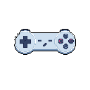 This pixel art features a nostalgic, slightly weary-looking 90s-style video game controller. The simple design focuses on the controller's classic shape and button layout, brought to life with a minimalist, anthropomorphic face.