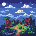 This pixel art depicts a peaceful, elevated village at night, featuring charming red-roofed houses and winding paths nestled amongst lush greenery on a floating island. Bathed in moonlight, the scene evokes a tranquil and slightly magical atmosphere.