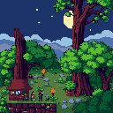 Three figures stand near a hut in a pixelated nocturnal forest, observing the serene scene under the light of the moon and flickering torches.