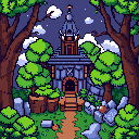 A mysterious, dark blue-gray chapel or magical tower, topped with a conical roof, stands nestled in a dense forest. The building, with its arched doorway and single window, is approached by a winding path, hinting at hidden stories within this secluded sanctuary.