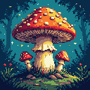 This pixel art showcases a classic red-capped mushroom, like *Amanita muscaria*, standing tall in a mystical forest. Two smaller mushrooms flank the central specimen, adding to the enchanting, fairy-tale vibe. The overall scene evokes a sense of wonder and nostalgia with its rich colors and pixelated charm.