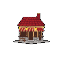 This pixel art showcases a cozy tavern or shop with a red-striped awning and inviting yellow lights. The warm brown timber walls and red-tiled roof create a charming, nostalgic atmosphere.