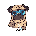 This pixel art image features a charming pug wearing light blue goggles and welding with a torch, creating a humorous and industrious scene. The contrast of the pug's natural tones with the bright blue goggles and welding spark creates a quirky and endearing image.