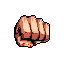 This pixel art powerfully depicts a clenched fist, rendered in warm, desaturated tones against a black backdrop, conveying raw power and readiness for action. The detailed shading suggests tension and musculature, making it ideal for a fighting game or similar context.