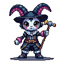 A whimsical, chibi-style jester with ram-like horns and a crooked staff stands out against a stark background. The character's dark attire is accented with pops of vibrant pink and gold, creating a cute yet mysterious vibe.