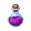 This pixel art image showcases a stylized glass potion bottle filled with a swirling, vibrant purple liquid, hinting at magical properties. The detailed shading and high-contrast colors create a polished and enchanting feel.