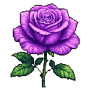 A single, elegant purple rose blooms in striking detail against a stark black backdrop. Rendered in meticulous pixel art, the flower's layered petals and thorny stem evoke a sense of classic beauty and quiet nostalgia.