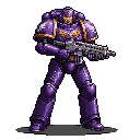 A heavily armored Space Marine stands ready, rendered in striking pixel art. The stoic warrior, clad in purple and gold, grips a bolter, exuding power and resolve.