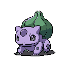 This pixel art showcases a charming, static Bulbasaur, its iconic bulb and expressive eyes rendered in a nostalgic, handheld-game style. The creature's muted purple and green tones offer a touch of visual interest within the simple, pixelated design.