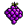 This pixel art image showcases a vibrant cluster of purple grapes with a dark stem and bright green leaves, rendered in a simple, retro style. The striking contrast against the black background makes the fruit pop.