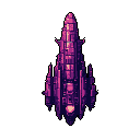 A complex, purple and pink spaceship with intricate details dominates the frame, showcasing a futuristic and slightly ominous design. The multi-layered structure suggests advanced technology and a large scale.