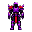 A powerful, pixelated knight in ornate purple armor stands ready, his identity hidden behind a helmet and his red pauldrons hinting at a fierce strength. The striking color palette and imposing posture create an aura of mystery and dark power.