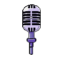 This pixel art showcases a vintage microphone rendered in shades of purple and white. The simple, isolated design against a black backdrop evokes a clean, nostalgic feel.