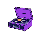 This pixel art showcases a vibrant purple portable record player, lid open and ready to spin a record. The retro design, with its contrasting navy and grey details, evokes a nostalgic feel for vintage technology.