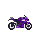 This pixel art image showcases a sleek, purple sportbike in profile, rendered with vibrant color pops against a stark black backdrop. The simple composition focuses solely on the motorcycle's form, evoking a sense of retro digital aesthetics.