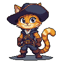 A charming, pixelated "Puss in Boots"-like cat stands confidently, its bright blue eyes and subtle smile hinting at adventure. Dressed in a detailed blue coat, brown boots, and a rapier, this character exudes a cute and slightly nostalgic vibe.
