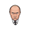 This pixel art portrait depicts a stern and formal Vladimir Putin, rendered in realistic flesh tones and conservative attire. The direct gaze and austere expression evoke a sense of authority.