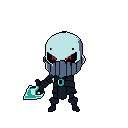 A chibi-style, futuristic warrior with glowing red eyes and a teal energy axe stands ready. The armored figure, rendered in pixel art, exudes a blend of cuteness and subtle menace.