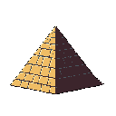 This pixel art image showcases a stylized pyramid, its sunlit beige face sharply contrasting with the dark, shadowed side, evoking a sense of ancient mystery through a minimalist, retro aesthetic.