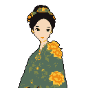 This pixel art portrait features a serene woman in traditional green attire adorned with vibrant orange-yellow floral patterns. Her elegant stillness and muted color palette evoke a sense of cultural heritage and contemplative beauty.