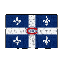 This pixel art flag combines Quebec pride with hockey fandom, featuring the Montreal Canadiens logo emblazoned on a distressed Quebec flag. The weathered texture against the stark black background evokes a sense of history and resilience.